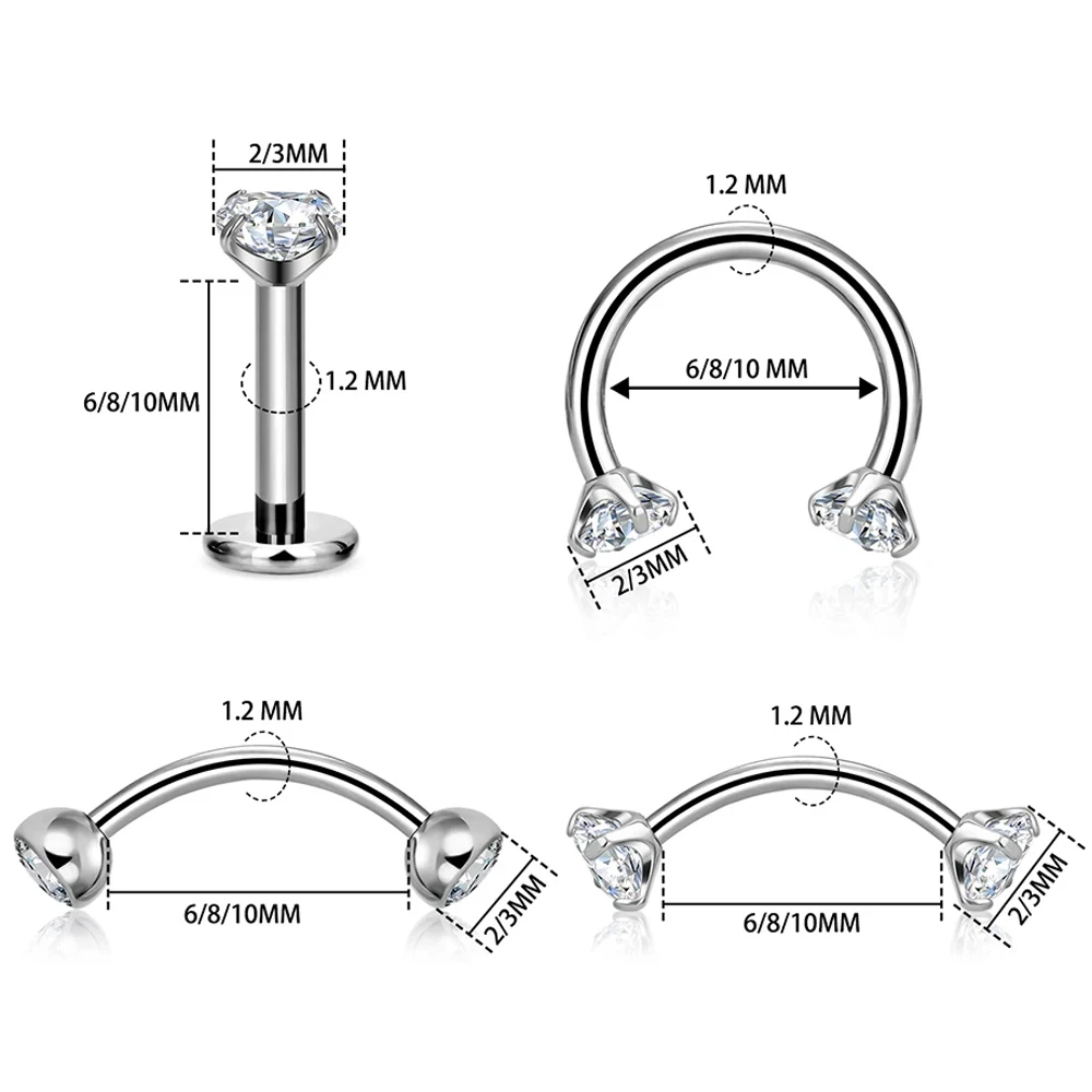 5Pcs G23 Titanium 16G CZ Tragus Eyebrow Piercing Body Jewelry Labret Lip Ring Stud Earrings Septum Nose Rings Internal Thread