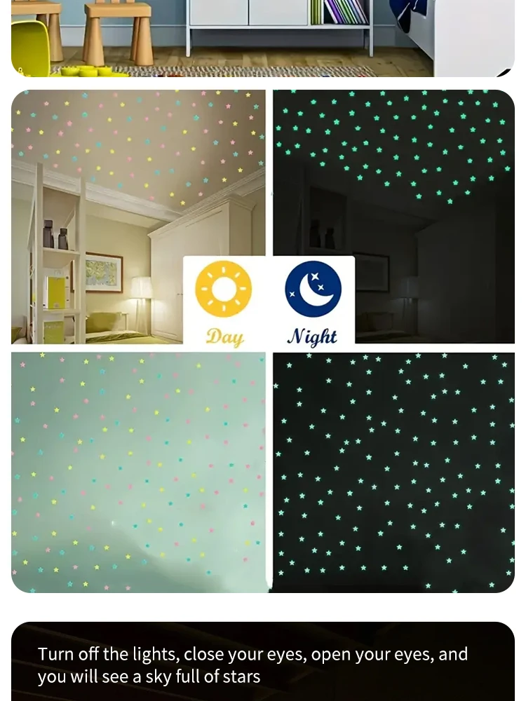 100Pcs Luminous Stickers Stars Wall Stickers Bedroom Luminous Stickers Fluorescent Three-dimensional Wall Stickers