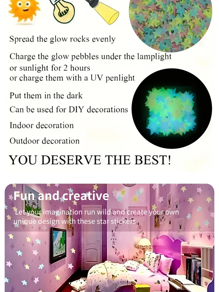 100Pcs Luminous Stickers Stars Wall Stickers Bedroom Luminous Stickers Fluorescent Three-dimensional Wall Stickers