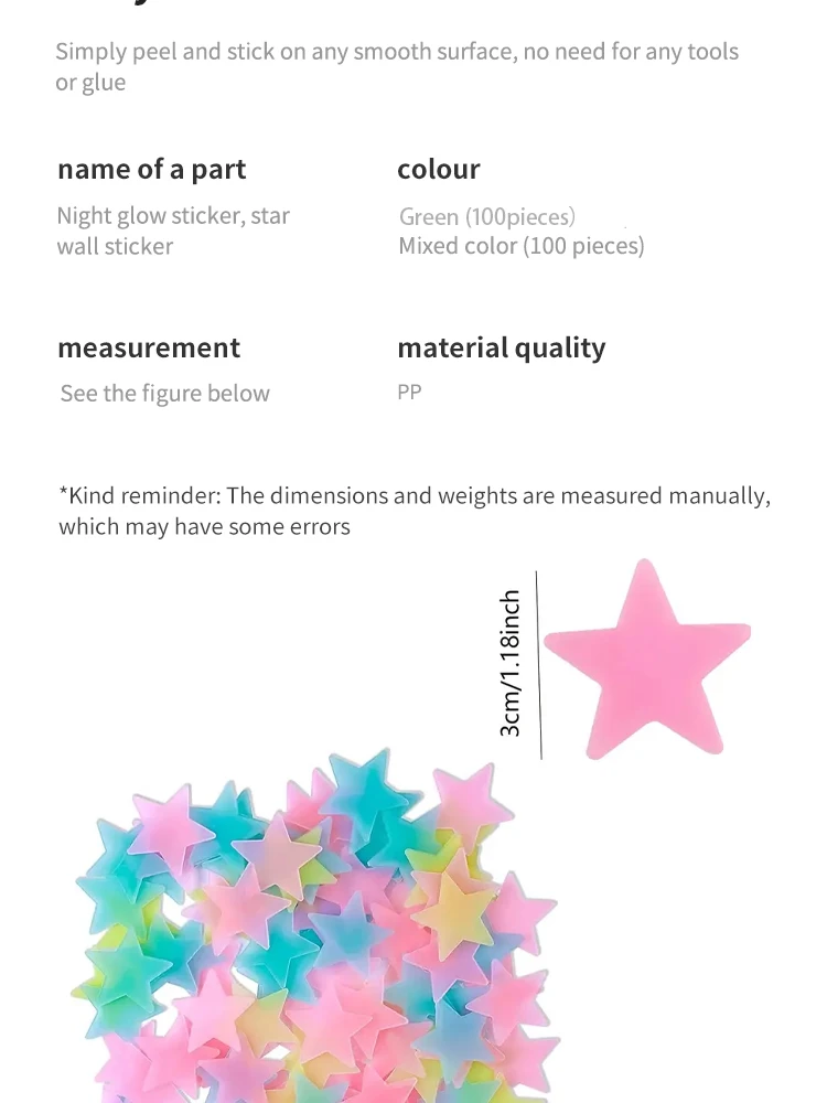 100Pcs Luminous Stickers Stars Wall Stickers Bedroom Luminous Stickers Fluorescent Three-dimensional Wall Stickers