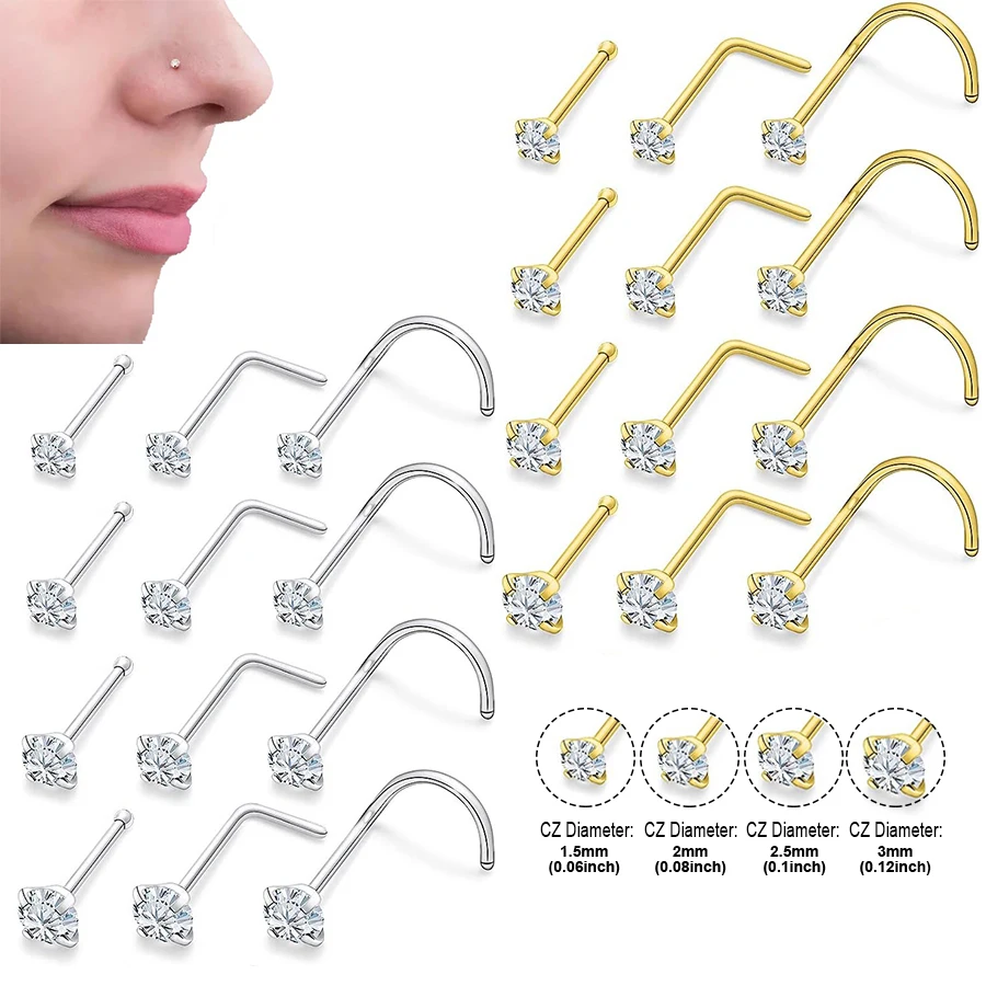 4pcs 4 size Cubic Zirconia Nose Piercing Jewelry Nose Studs 20G Bone L Shaped Shiny Crystal Bone Nostril Piercing Jewelry