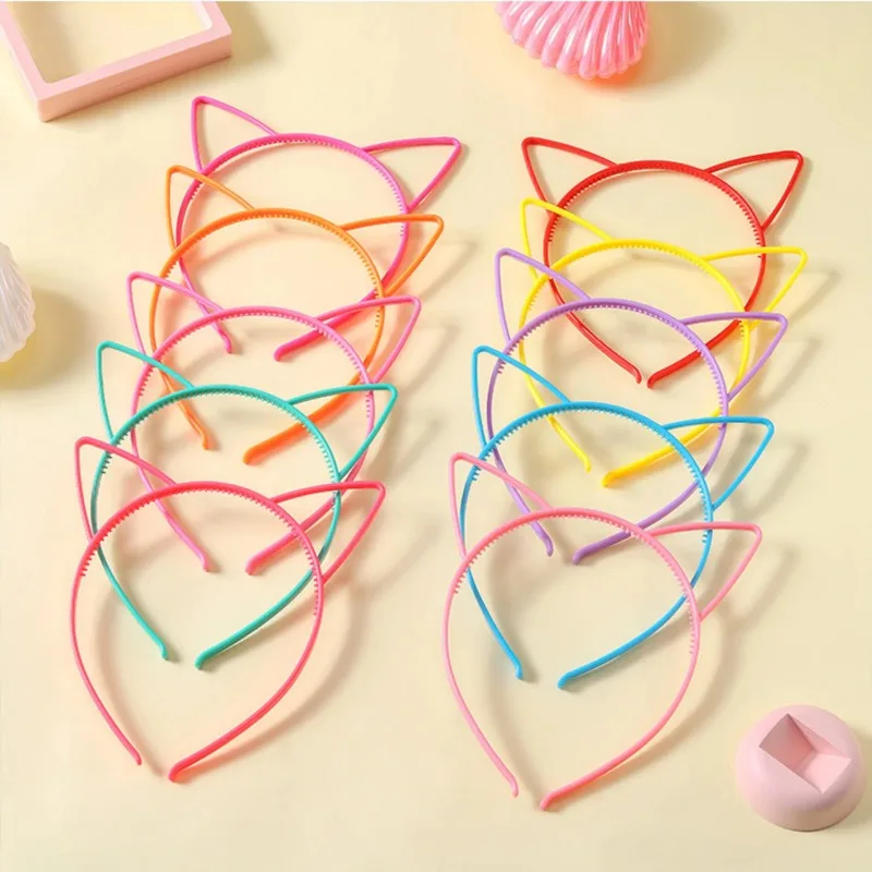12PCS Kids Cat Ears Hairband Set Cute Solid Color Plastic Headband Tooth Outer Ear Accessory for Children Random Color