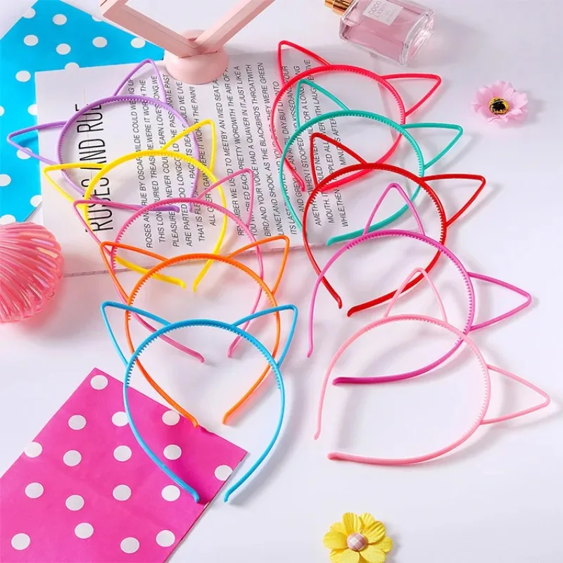 12PCS Kids Cat Ears Hairband Set Cute Solid Color Plastic Headband Tooth Outer Ear Accessory for Children Random Color