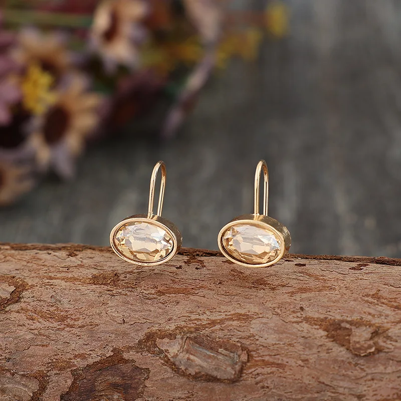 Fashion Metal Gold Color Oval Champagne Stone Dangle Earrings for Women Exquisite Engagement Wedding Earrings Jewelry