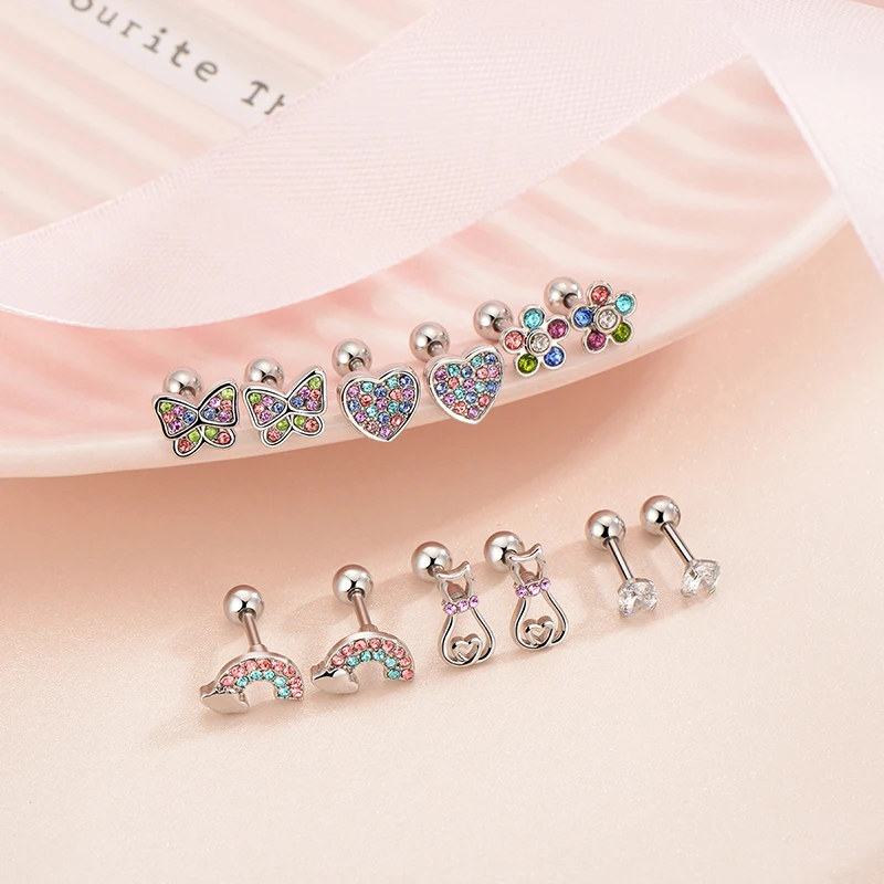 EVISPOL 1-6 Pairs Hypoallergenic Screwback Stud Earrings for Women 316L Stainless Steel Cute CZ Screw Back Earring Studs Set 20G