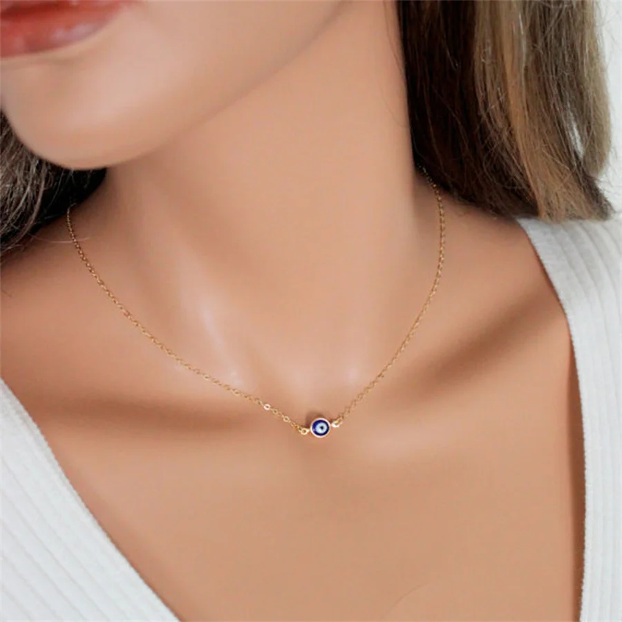 Turkish Blue Evil Eye Pendant Necklaces for Women Simple Thin Link Clavicle Chain Round Demon Eyes Choker Friendship Jewelry