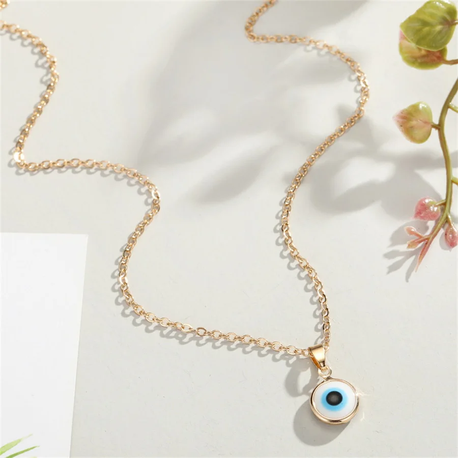 Turkish Blue Evil Eye Pendant Necklaces for Women Simple Thin Link Clavicle Chain Round Demon Eyes Choker Friendship Jewelry