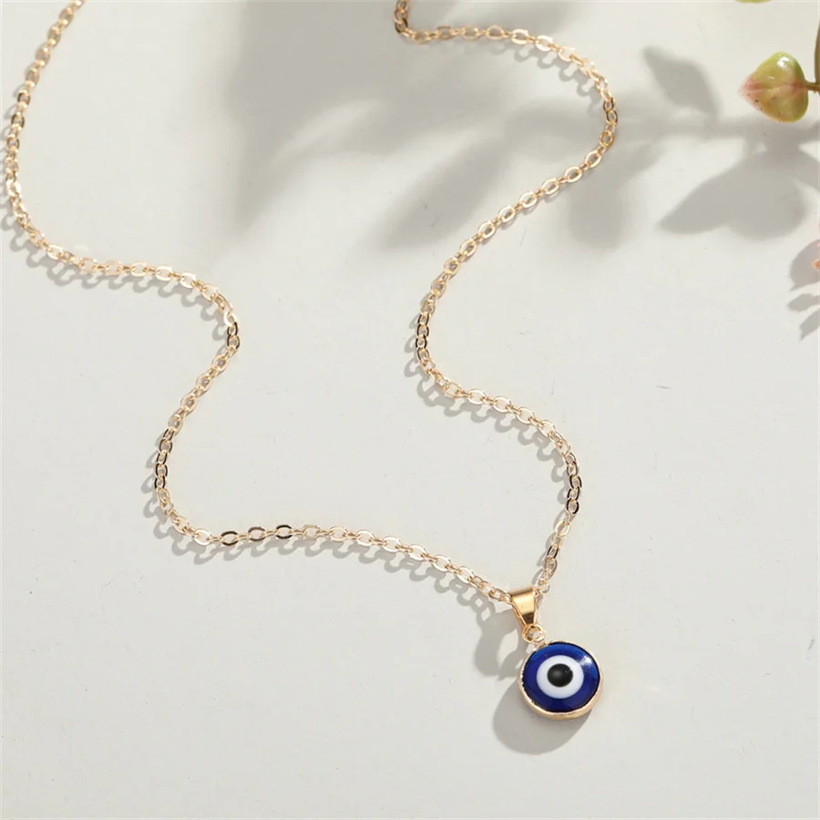 Turkish Blue Evil Eye Pendant Necklaces for Women Simple Thin Link Clavicle Chain Round Demon Eyes Choker Friendship Jewelry