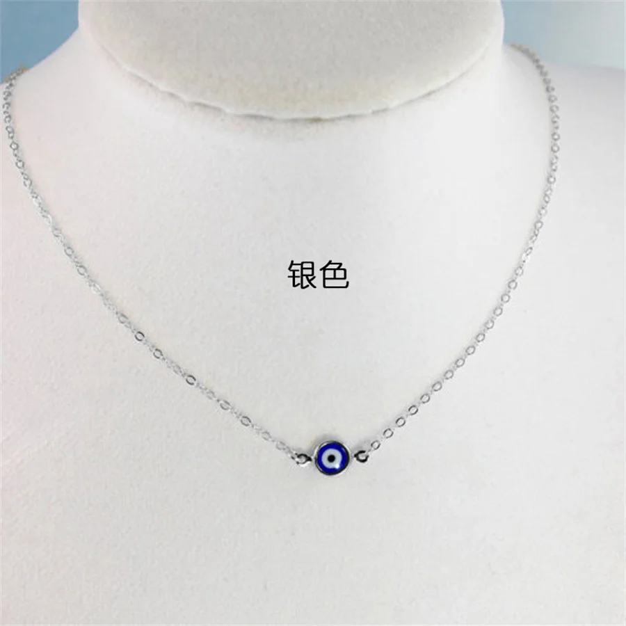 Turkish Blue Evil Eye Pendant Necklaces for Women Simple Thin Link Clavicle Chain Round Demon Eyes Choker Friendship Jewelry
