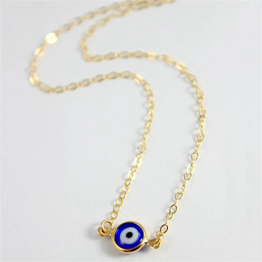 Turkish Blue Evil Eye Pendant Necklaces for Women Simple Thin Link Clavicle Chain Round Demon Eyes Choker Friendship Jewelry