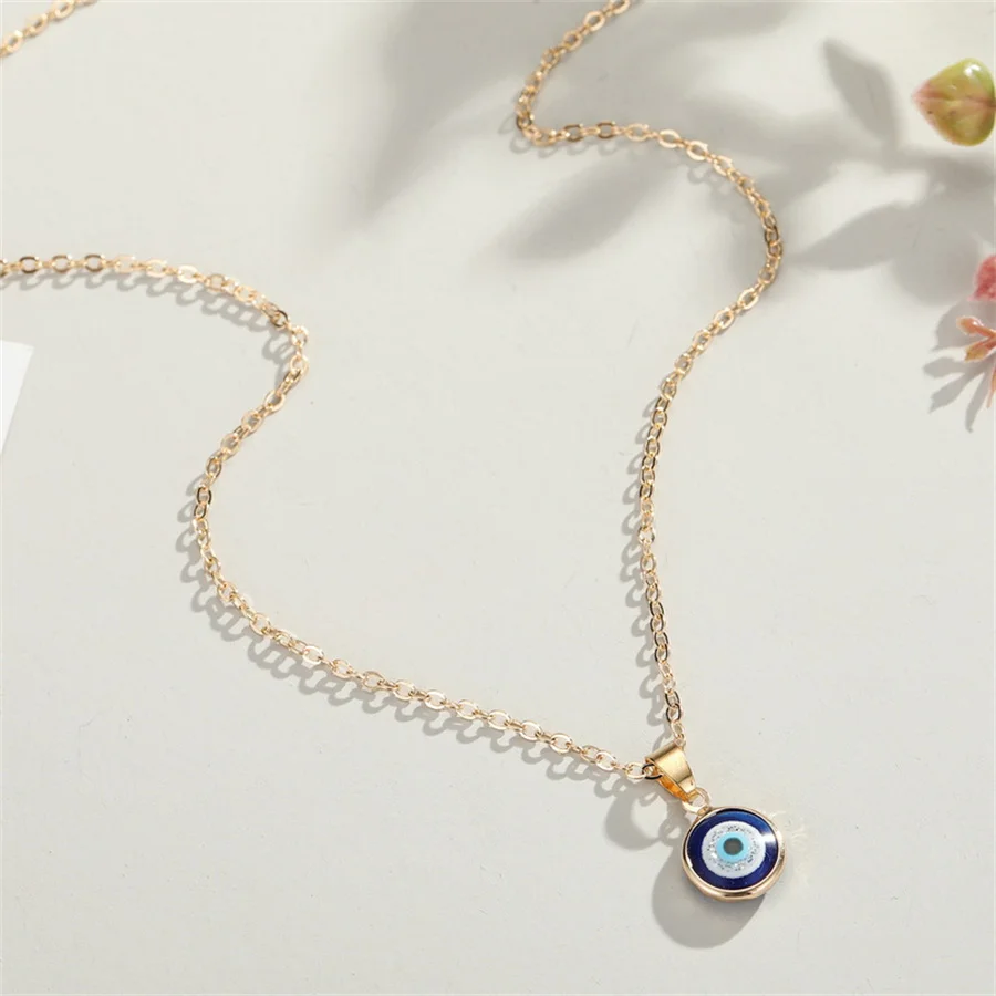Turkish Blue Evil Eye Pendant Necklaces for Women Simple Thin Link Clavicle Chain Round Demon Eyes Choker Friendship Jewelry