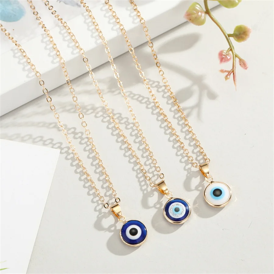 Turkish Blue Evil Eye Pendant Necklaces for Women Simple Thin Link Clavicle Chain Round Demon Eyes Choker Friendship Jewelry