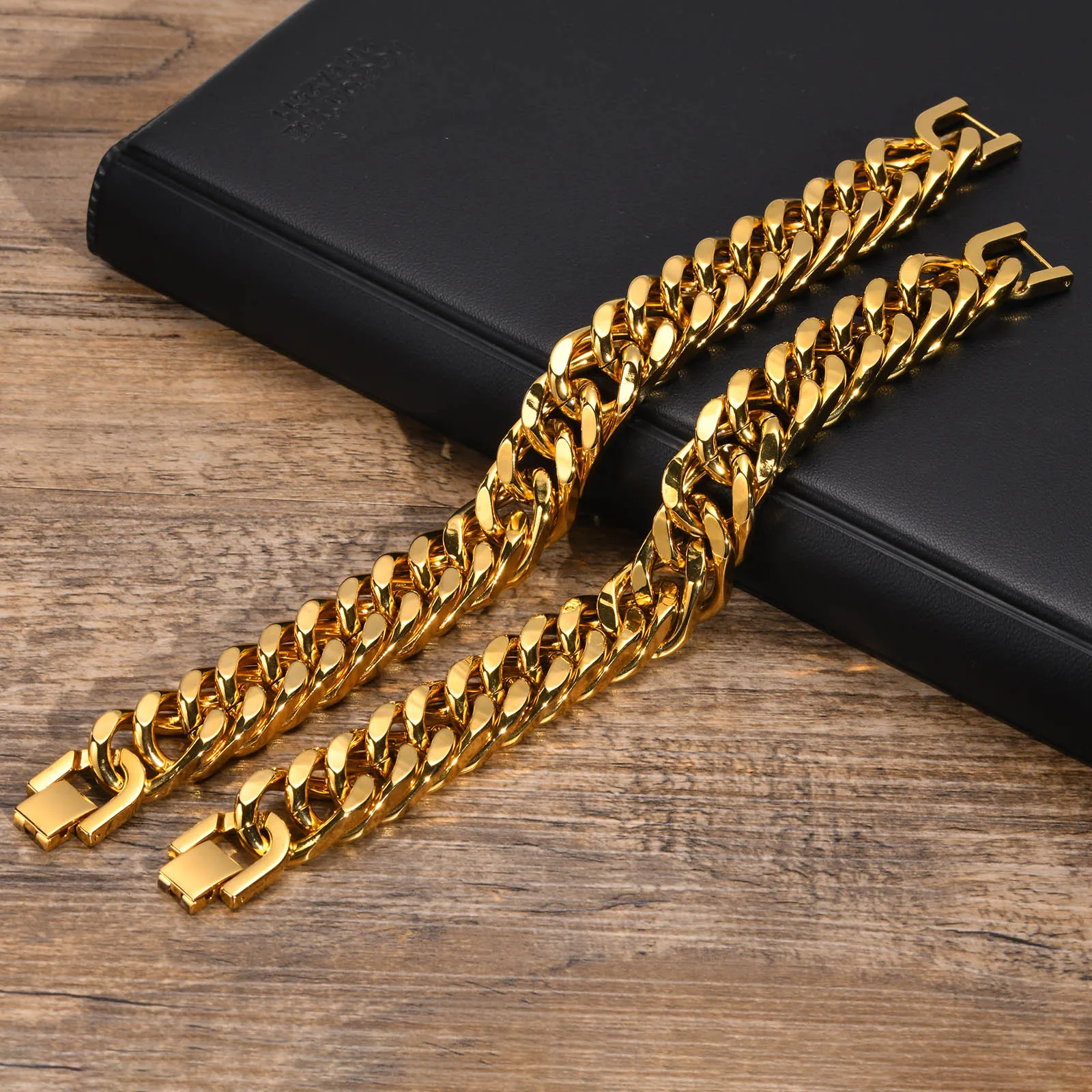 Gold Plated Men's Chunky Chain Bracelet,Stainless Steel Thick Cuban Chain Wristband,Hip Hop Punk Luxury Jewelry Gift for Him