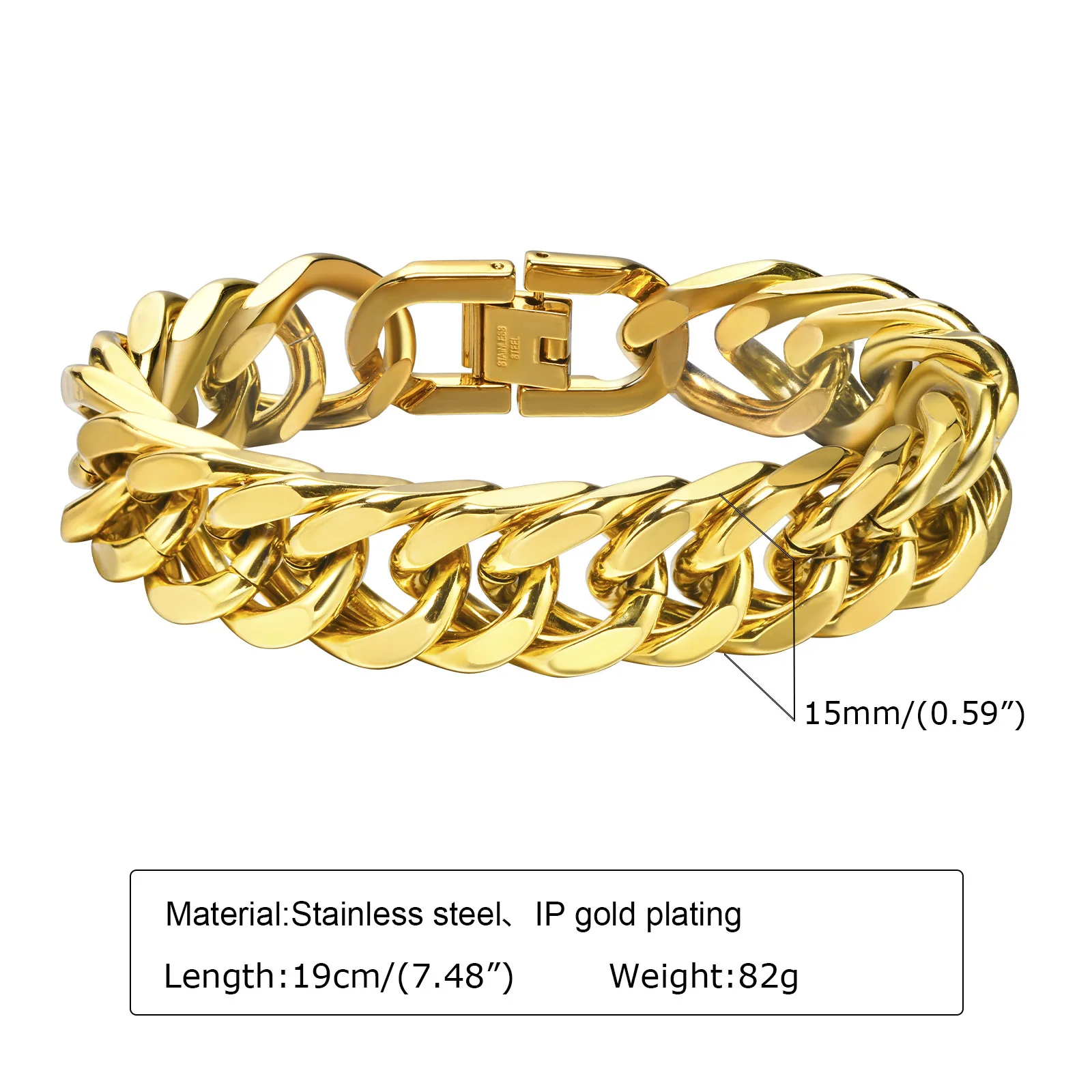 Gold Plated Men's Chunky Chain Bracelet,Stainless Steel Thick Cuban Chain Wristband,Hip Hop Punk Luxury Jewelry Gift for Him