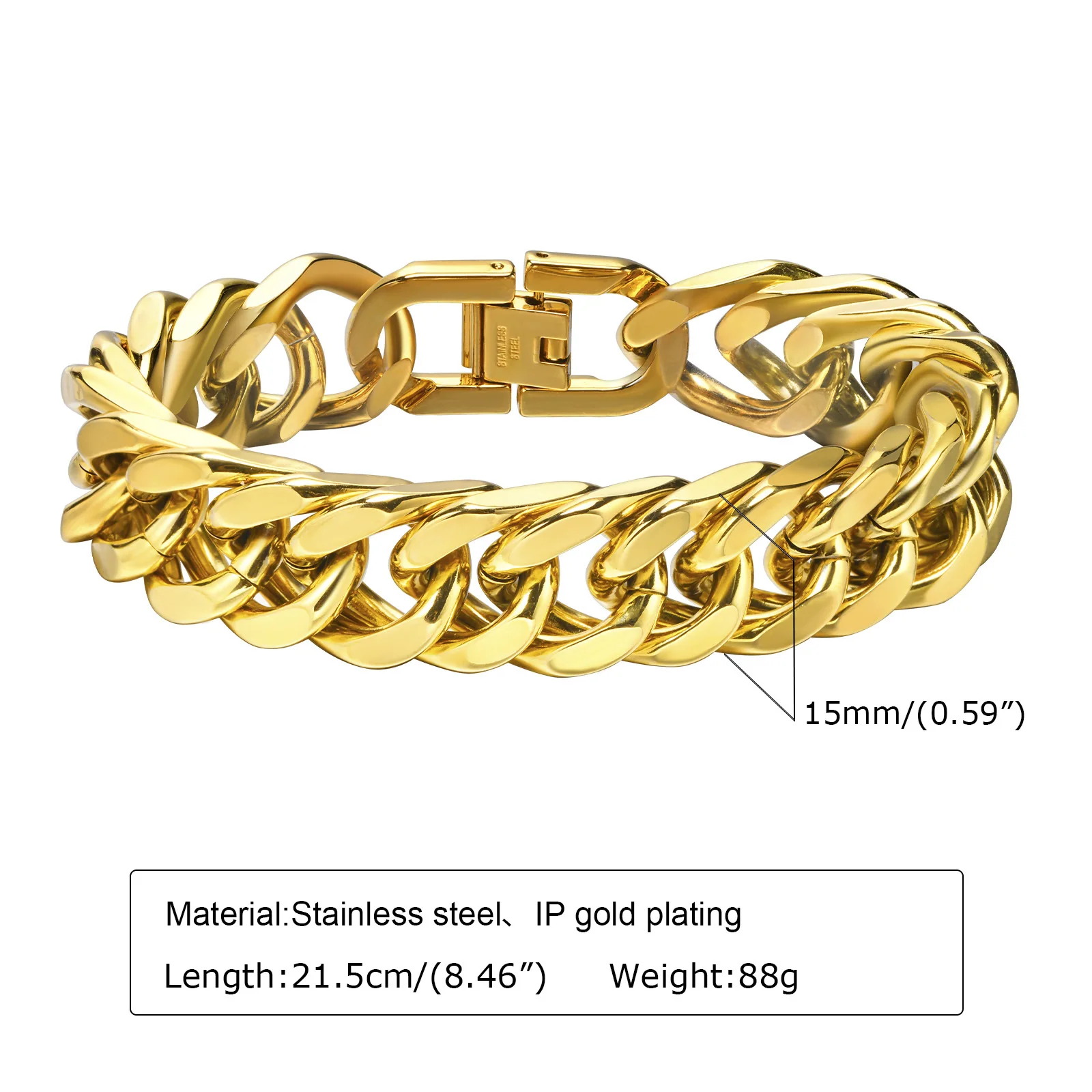 Gold Plated Men's Chunky Chain Bracelet,Stainless Steel Thick Cuban Chain Wristband,Hip Hop Punk Luxury Jewelry Gift for Him