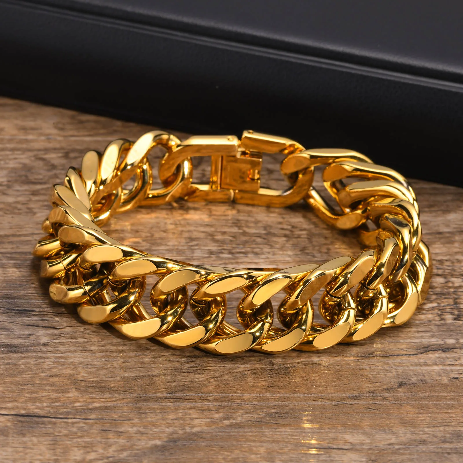 Gold Plated Men's Chunky Chain Bracelet,Stainless Steel Thick Cuban Chain Wristband,Hip Hop Punk Luxury Jewelry Gift for Him