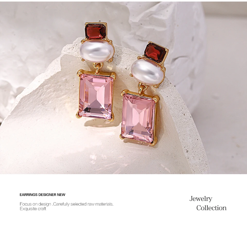 Freetry New Design Pearl Drop Earrings for Women Vintage Geometric Square Pink Glass Dangle Earrings Party Wedding Jewelry