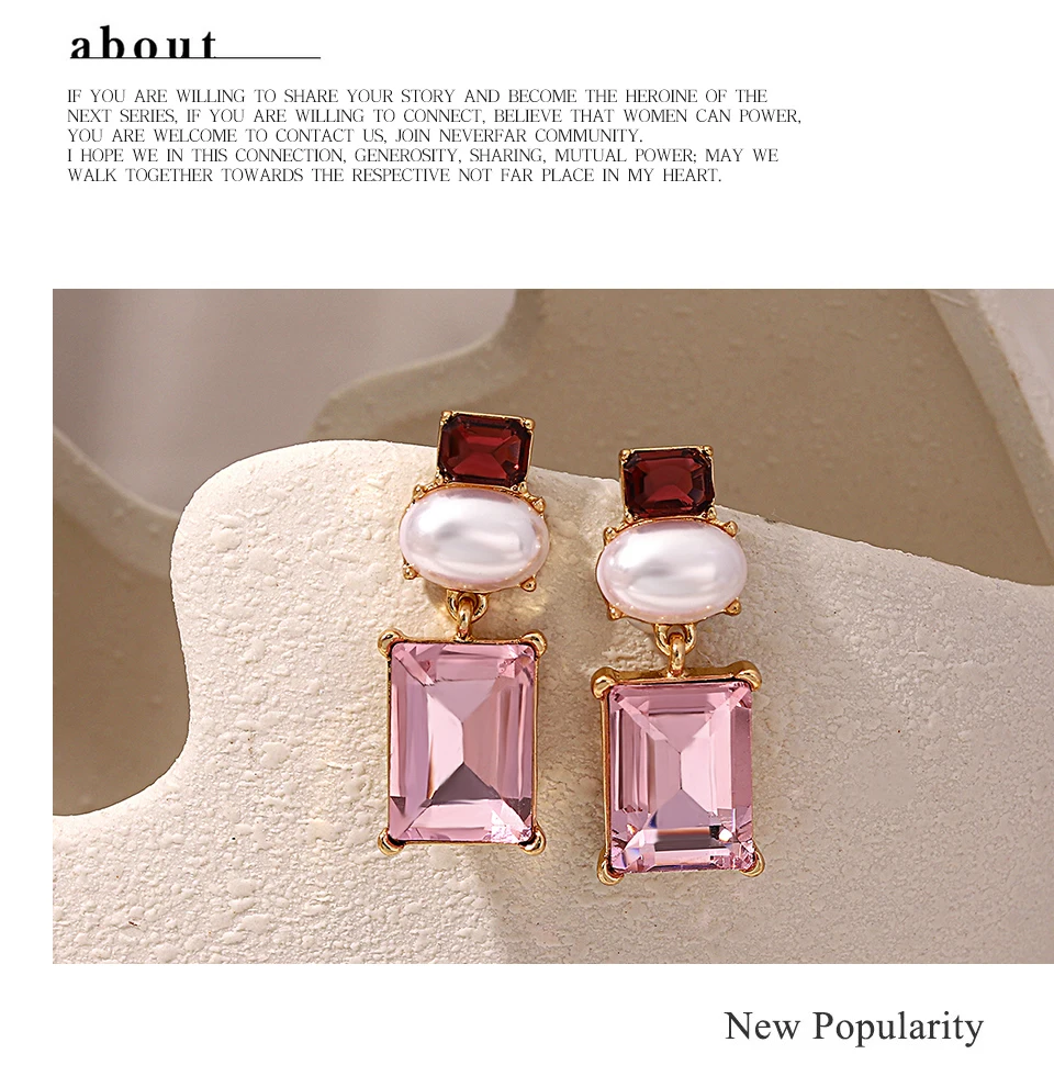 Freetry New Design Pearl Drop Earrings for Women Vintage Geometric Square Pink Glass Dangle Earrings Party Wedding Jewelry