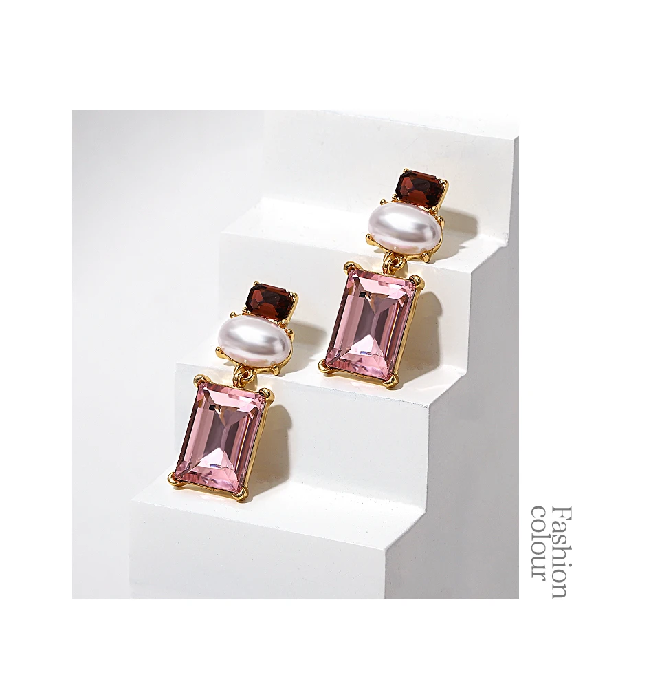 Freetry New Design Pearl Drop Earrings for Women Vintage Geometric Square Pink Glass Dangle Earrings Party Wedding Jewelry