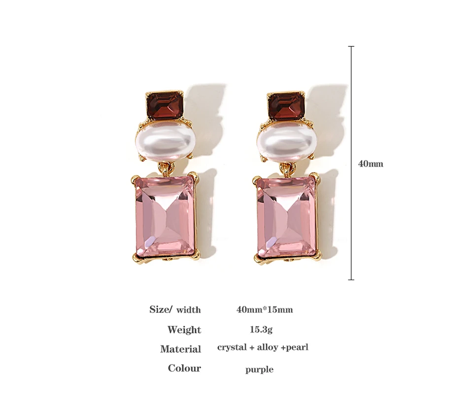 Freetry New Design Pearl Drop Earrings for Women Vintage Geometric Square Pink Glass Dangle Earrings Party Wedding Jewelry