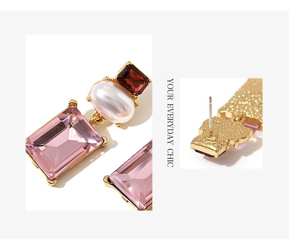 Freetry New Design Pearl Drop Earrings for Women Vintage Geometric Square Pink Glass Dangle Earrings Party Wedding Jewelry