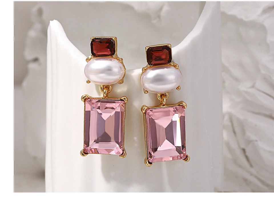 Freetry New Design Pearl Drop Earrings for Women Vintage Geometric Square Pink Glass Dangle Earrings Party Wedding Jewelry