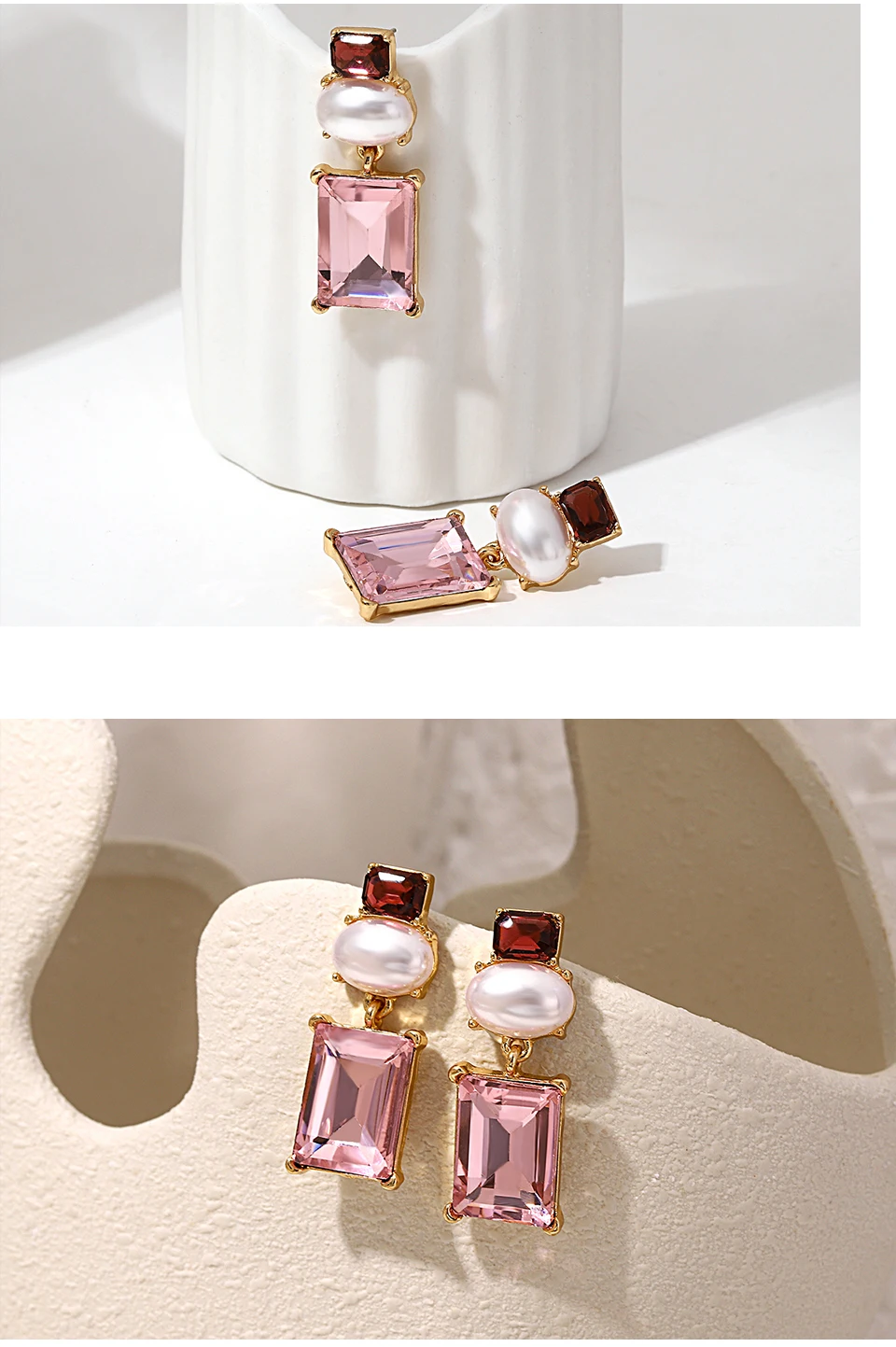 Freetry New Design Pearl Drop Earrings for Women Vintage Geometric Square Pink Glass Dangle Earrings Party Wedding Jewelry