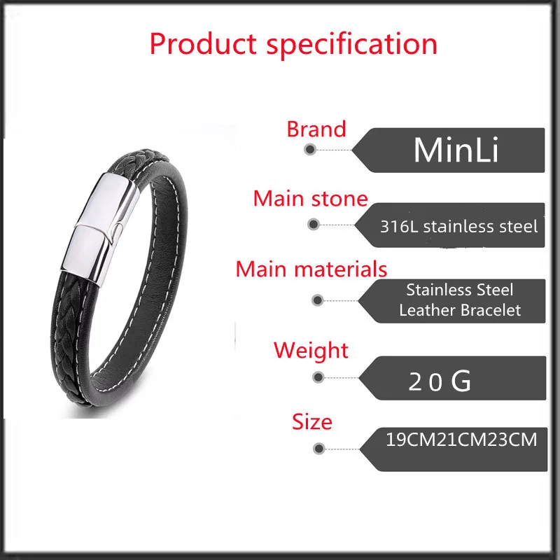 European and American Hot Selling Simple Style Woven Multicolor Wide Leather Rope Bracelet 316L Stainless Steel Men's Bracelet