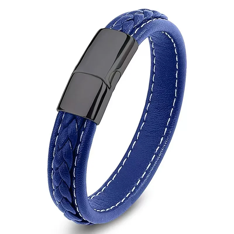 European and American Hot Selling Simple Style Woven Multicolor Wide Leather Rope Bracelet 316L Stainless Steel Men's Bracelet