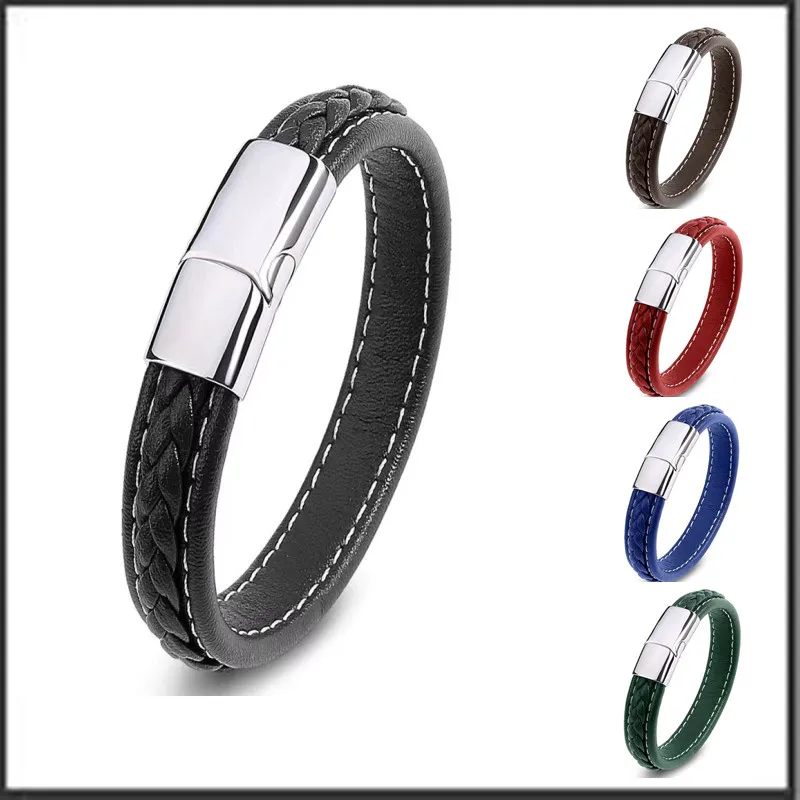 European and American Hot Selling Simple Style Woven Multicolor Wide Leather Rope Bracelet 316L Stainless Steel Men's Bracelet