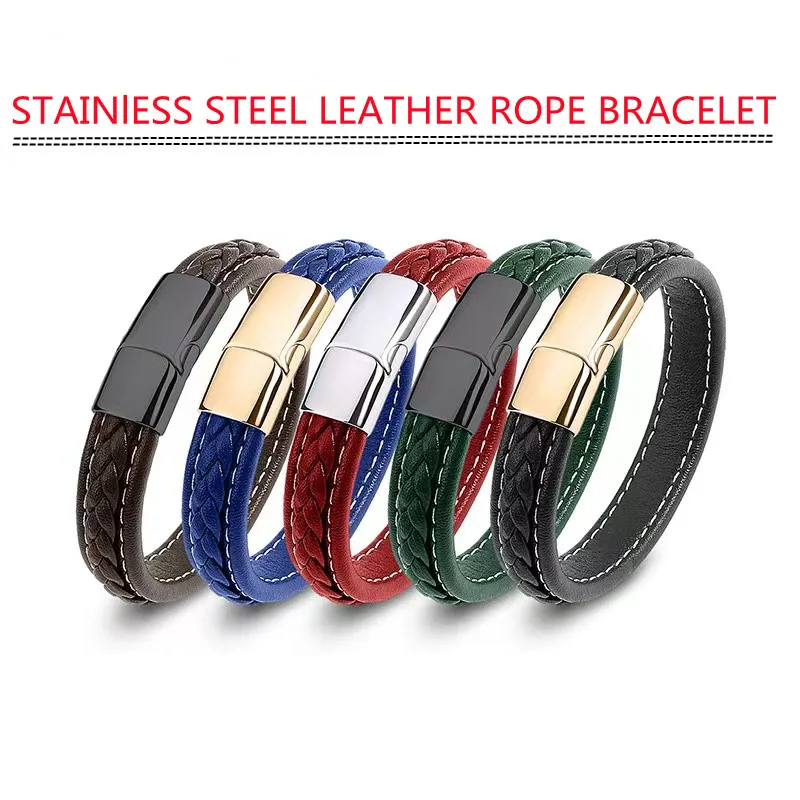 European and American Hot Selling Simple Style Woven Multicolor Wide Leather Rope Bracelet 316L Stainless Steel Men's Bracelet