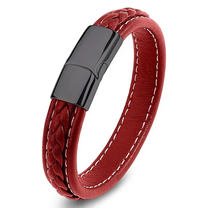 European and American Hot Selling Simple Style Woven Multicolor Wide Leather Rope Bracelet 316L Stainless Steel Men's Bracelet