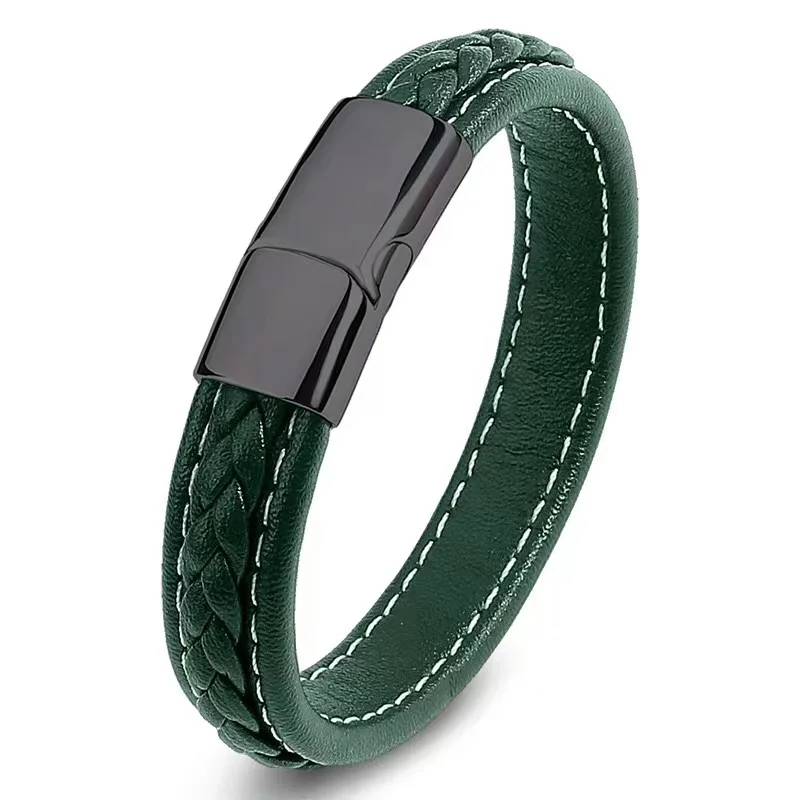 European and American Hot Selling Simple Style Woven Multicolor Wide Leather Rope Bracelet 316L Stainless Steel Men's Bracelet