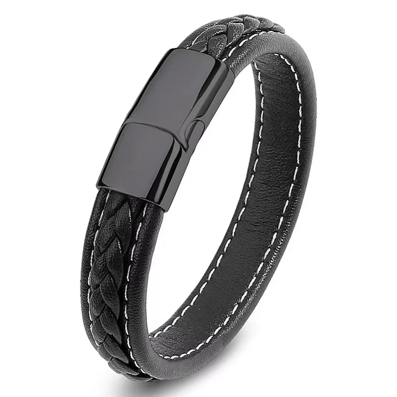 European and American Hot Selling Simple Style Woven Multicolor Wide Leather Rope Bracelet 316L Stainless Steel Men's Bracelet