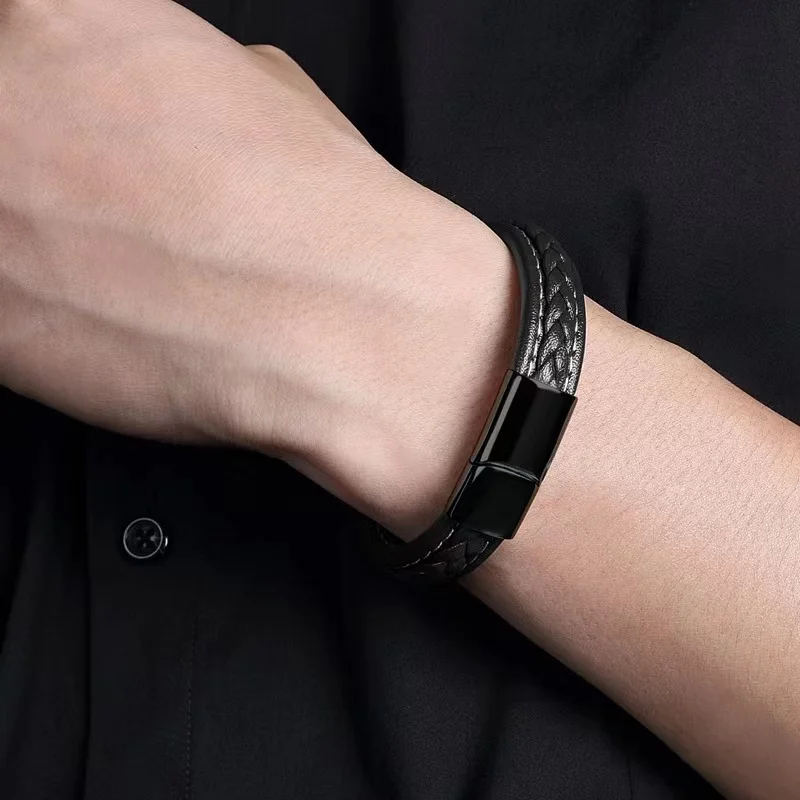European and American Hot Selling Simple Style Woven Multicolor Wide Leather Rope Bracelet 316L Stainless Steel Men's Bracelet