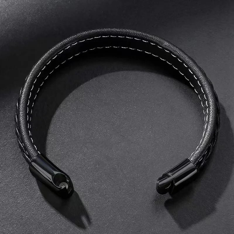 European and American Hot Selling Simple Style Woven Multicolor Wide Leather Rope Bracelet 316L Stainless Steel Men's Bracelet
