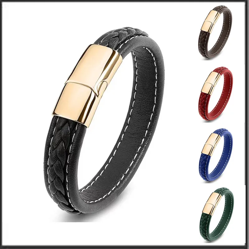 European and American Hot Selling Simple Style Woven Multicolor Wide Leather Rope Bracelet 316L Stainless Steel Men's Bracelet