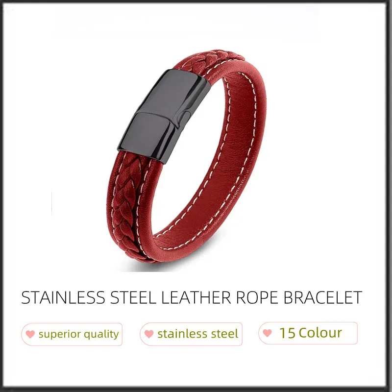 European and American Hot Selling Simple Style Woven Multicolor Wide Leather Rope Bracelet 316L Stainless Steel Men's Bracelet