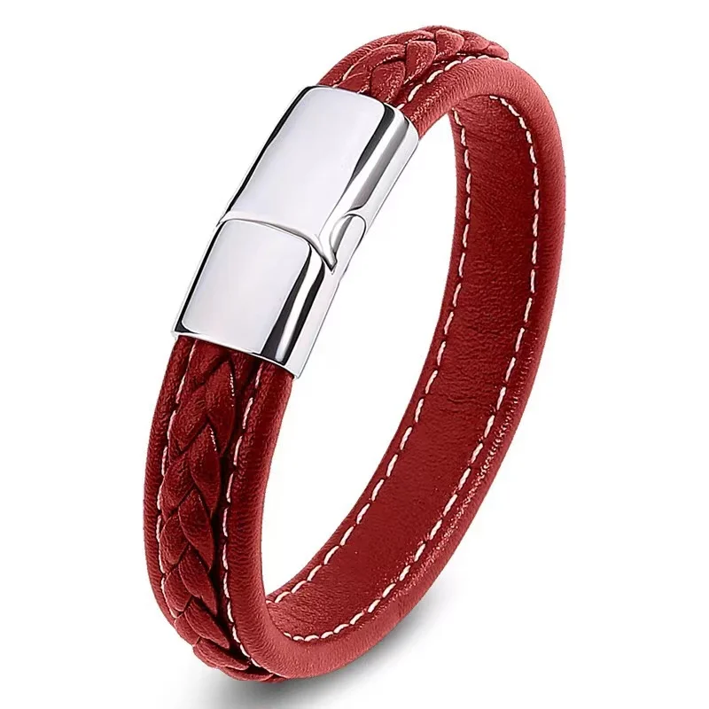 European and American Hot Selling Simple Style Woven Multicolor Wide Leather Rope Bracelet 316L Stainless Steel Men's Bracelet