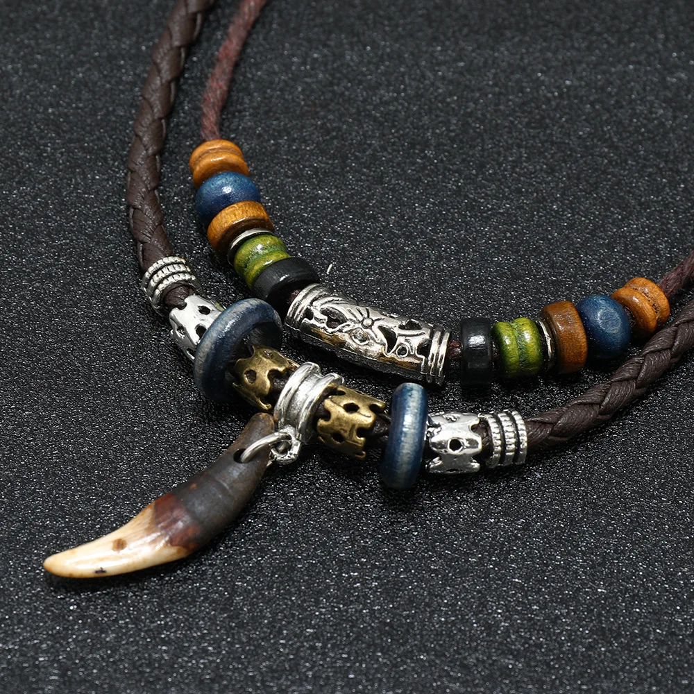 Tibetan Ethnic Necklace Men Indian Bohemian Nepal Mala Beads Tibetan Ox Horn Pendant Long Statement Necklaces Women