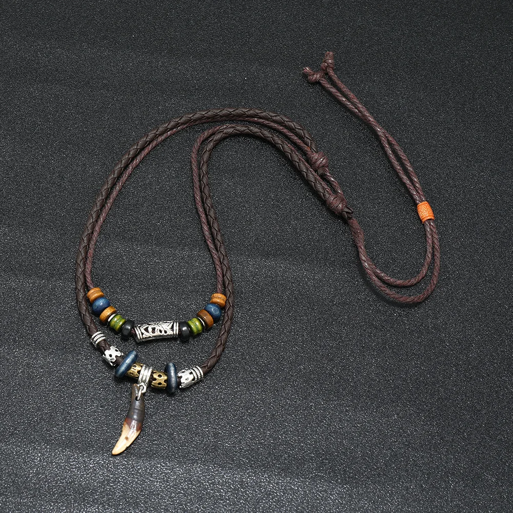 Tibetan Ethnic Necklace Men Indian Bohemian Nepal Mala Beads Tibetan Ox Horn Pendant Long Statement Necklaces Women