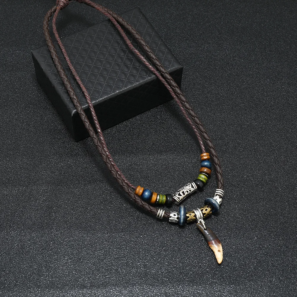 Tibetan Ethnic Necklace Men Indian Bohemian Nepal Mala Beads Tibetan Ox Horn Pendant Long Statement Necklaces Women