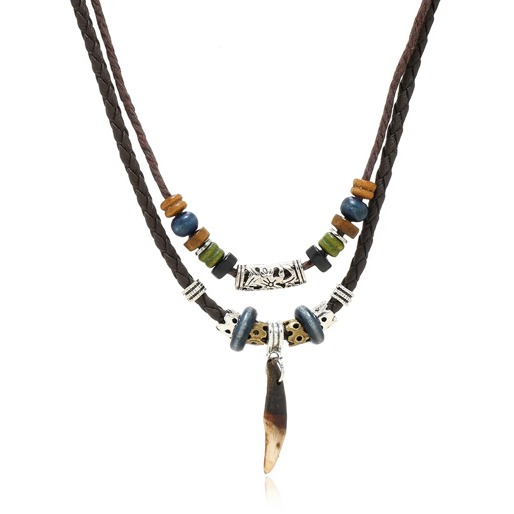 Tibetan Ethnic Necklace Men Indian Bohemian Nepal Mala Beads Tibetan Ox Horn Pendant Long Statement Necklaces Women