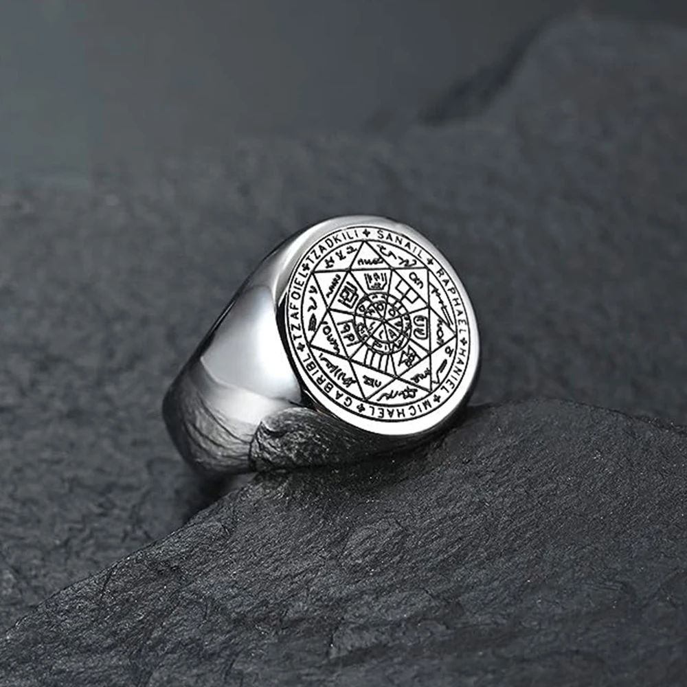 YILUOCD Seal of The Seven Archangels Rings for Men The Key of Solomon Ring Kabbalah Talisman Amulet Stainless Steel Male Jewelry