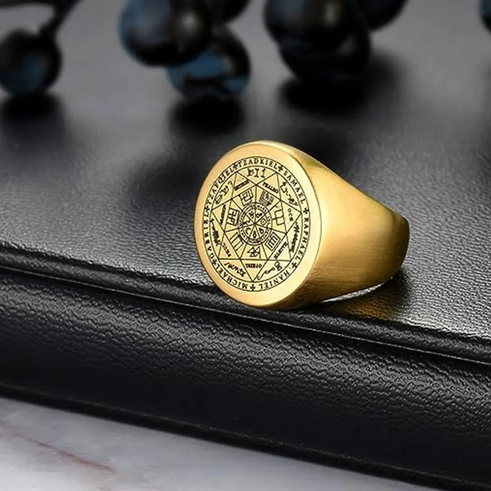 YILUOCD Seal of The Seven Archangels Rings for Men The Key of Solomon Ring Kabbalah Talisman Amulet Stainless Steel Male Jewelry