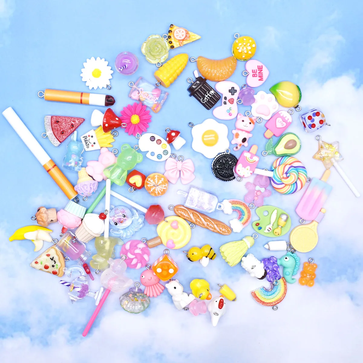 10pcs Random Simulation Cartoon Cute Colorful Fruits Lollipops Animals Drinks Charms DIY Handmade Jewelry For Earring Necklace