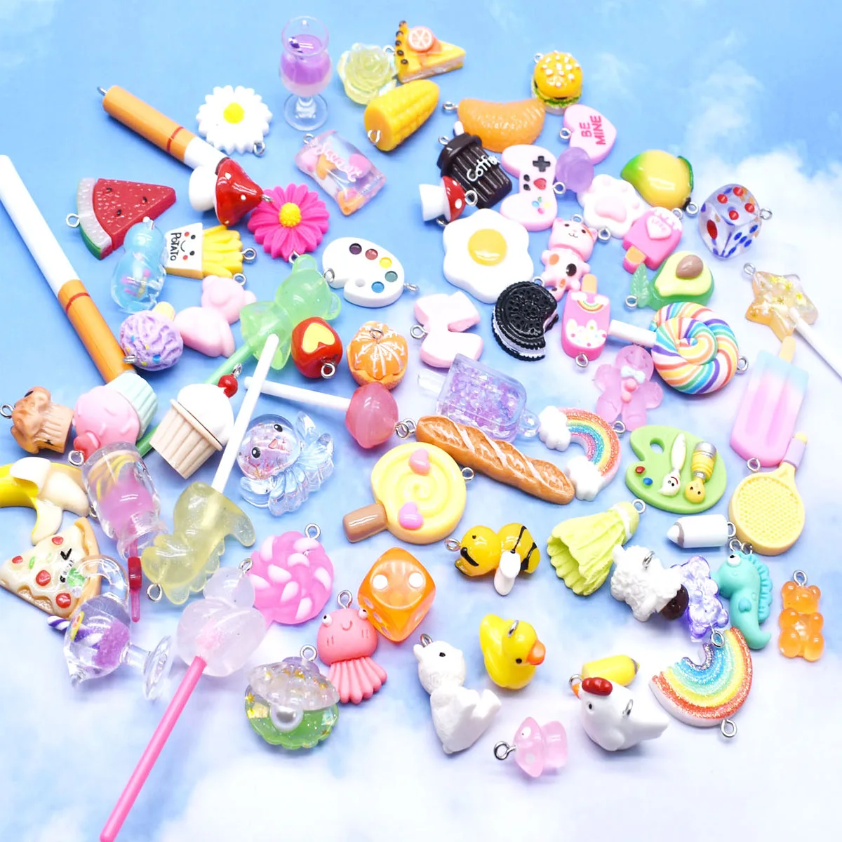 10pcs Random Simulation Cartoon Cute Colorful Fruits Lollipops Animals Drinks Charms DIY Handmade Jewelry For Earring Necklace