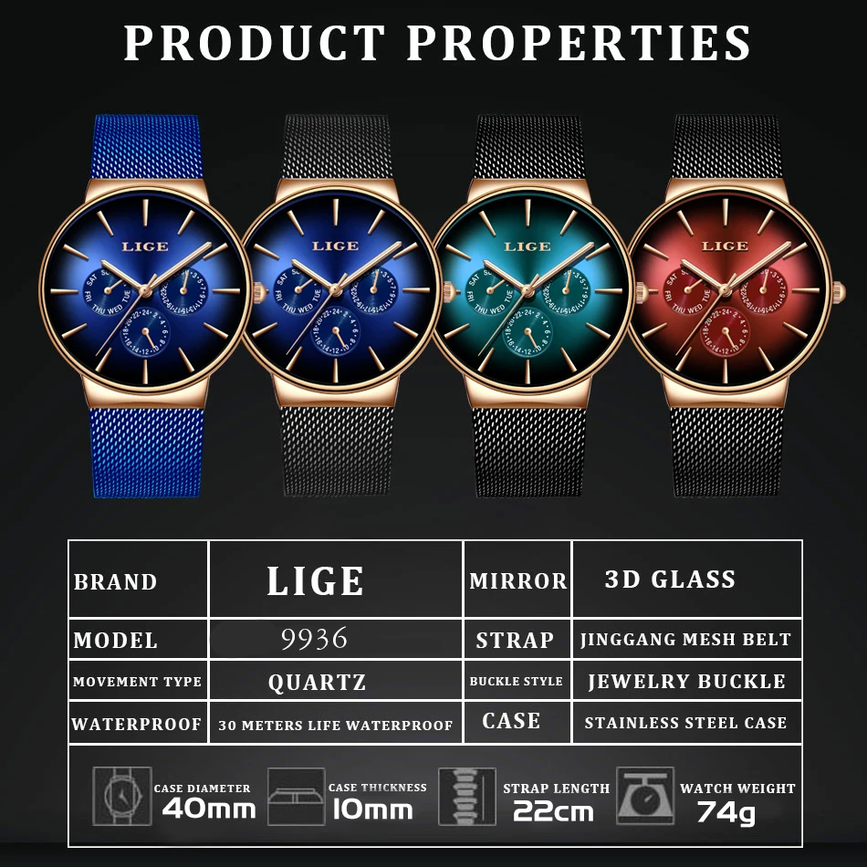 New LIGE Fashion Mens Watches Top Brand Luxury Quartz Watch Men Mesh Steel Waterproof Ultra-thin Wristwatch For Men Sport Clock
