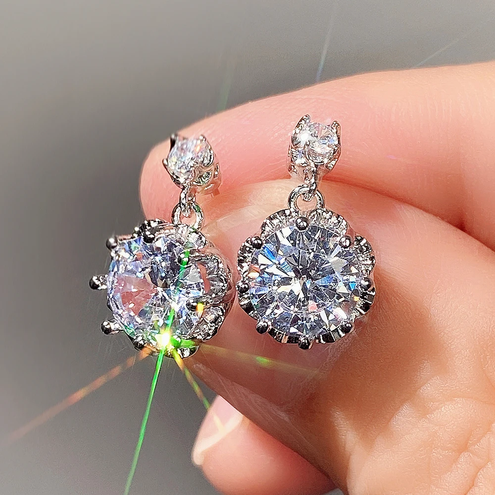 Huitan Luxury Wedding Earrings for Women Shiny Round Cubic Zirconia Crystal Dangle Earrings Bridal Marriage Accessories Jewelry