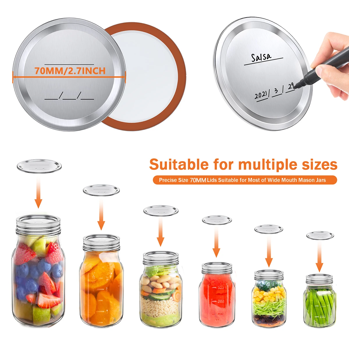 50/200PCS Mason Jar Lids Regular 70/86mm Wide Mouth Canning Lids Reusable Metal Canning Jar Leak-proof Split-Type Canning Caps